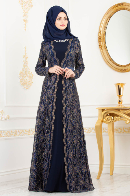 Bleu Marin - Tesettürlü Abiye Elbise - Robes de Soirée 80640L