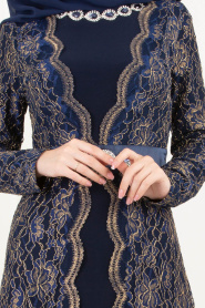 Bleu Marin - Tesettürlü Abiye Elbise - Robes de Soirée 80640L - Thumbnail