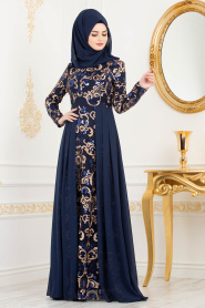 Bleu Marin- Tesettürlü Abiye Elbise - Robes de Soirée 82311L - Thumbnail