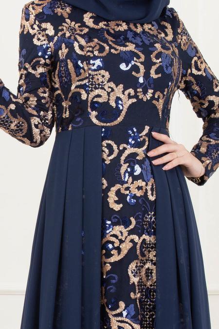 Bleu Marin- Tesettürlü Abiye Elbise - Robes de Soirée 82311L - 2