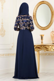 Bleu Marin- Tesettürlü Abiye Elbise - Robes de Soirée 82311L - Thumbnail