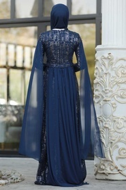 Bleu Marin - Tesettürlü Abiye Elbise - Robes de Soirée Hijab 20940L - Thumbnail