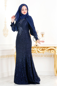 Bleu Marin - Tesettürlü Abiye Elbise - Robes de Soirée Hijab 31791L - Thumbnail