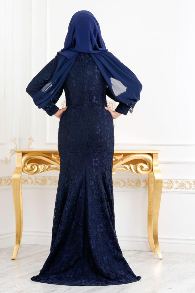 Bleu Marin - Tesettürlü Abiye Elbise - Robes de Soirée Hijab 31791L - 2