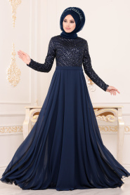 Bleu Marin- Tesettürlü Abiye Elbise - Robes de Soirée Hijab 8588L - Thumbnail