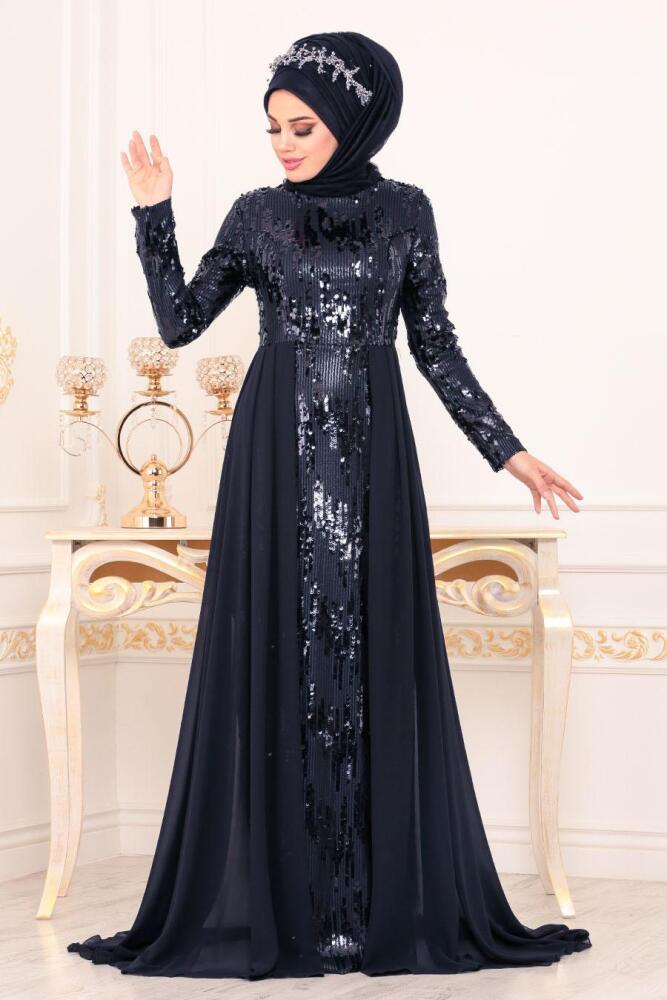Bleu Marin - Tesettürlü Abiye Elbise - Robes de Soirée Hijab 8590L - 1