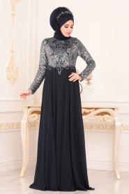 Bleu Marin- Tesettürlü Abiye Elbise - Robes de Soirée Hijab 8629L - Thumbnail