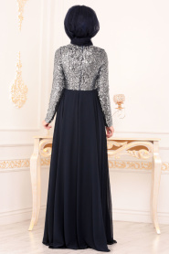 Bleu Marin- Tesettürlü Abiye Elbise - Robes de Soirée Hijab 8629L - Thumbnail