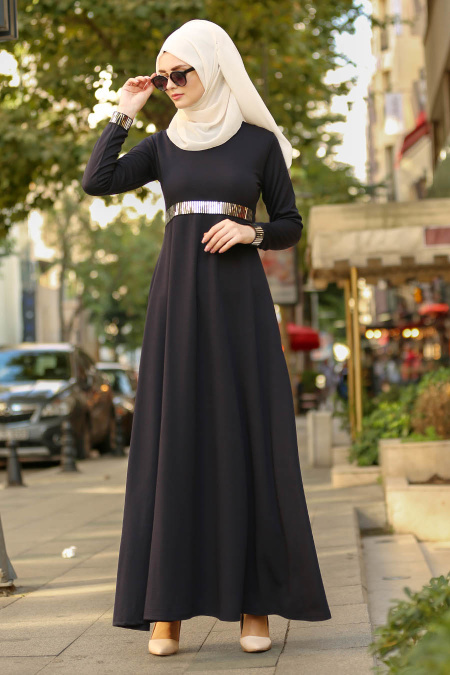 Bleu Marine Foncé-Nayla Collection - Robe Hijab 79180KL