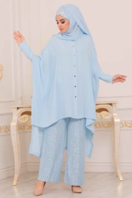 Bleu-Tesettürlü Abiye Elbise - Robe de Soirée Hijab 3754M - Thumbnail