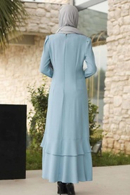 Bleu - Tesettürlü Abiye Elbise - Robe de Soirée Hijab - 3763M - Thumbnail