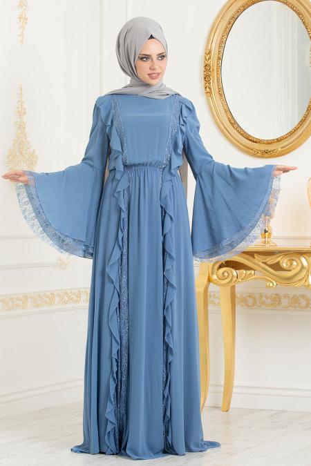 Bleu-Tesettürlü Abiye Elbise - Robe de Soirée Hijab 37820M - 2
