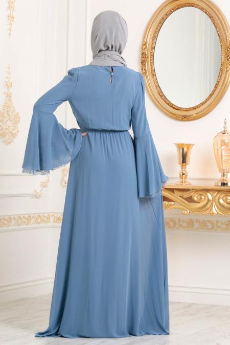 Bleu-Tesettürlü Abiye Elbise - Robe de Soirée Hijab 37820M - 3