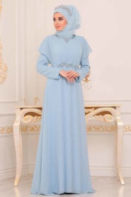Bleu-Tesettürlü Abiye Elbise - Robe de Soirée Hijab 3784M - Thumbnail
