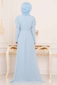 Bleu-Tesettürlü Abiye Elbise - Robe de Soirée Hijab 3784M - Thumbnail