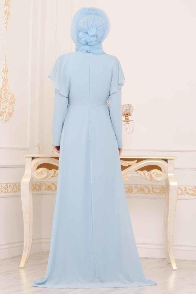 Bleu-Tesettürlü Abiye Elbise - Robe de Soirée Hijab 3784M - 2