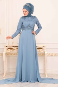 Bleu - Tesettürlü Abiye Elbise - Robe de Soirée Hijab - 3873M - Thumbnail