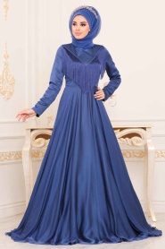 Bleu - Tesettürlü Abiye Elbise - Robe de Soirée Hijab - 3894M - Thumbnail