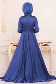 Bleu - Tesettürlü Abiye Elbise - Robe de Soirée Hijab - 3894M - Thumbnail