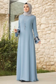 Bleu - Tesettürlü Abiye Elbise - Robe de Soirée Hijab - 38960M - Thumbnail