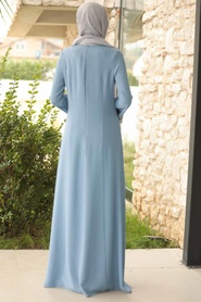 Bleu - Tesettürlü Abiye Elbise - Robe de Soirée Hijab - 38960M - Thumbnail