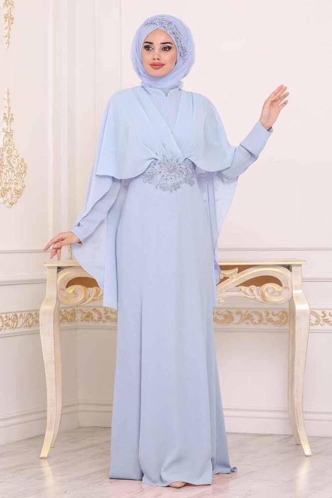 Bleu - Tesettürlü Abiye Elbise - Robe de Soirée Hijab - 39170M - 1