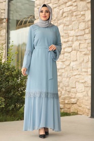 Bleu - Tesettürlü Abiye Elbise - Robe de Soirée Hijab - 39250M - Thumbnail