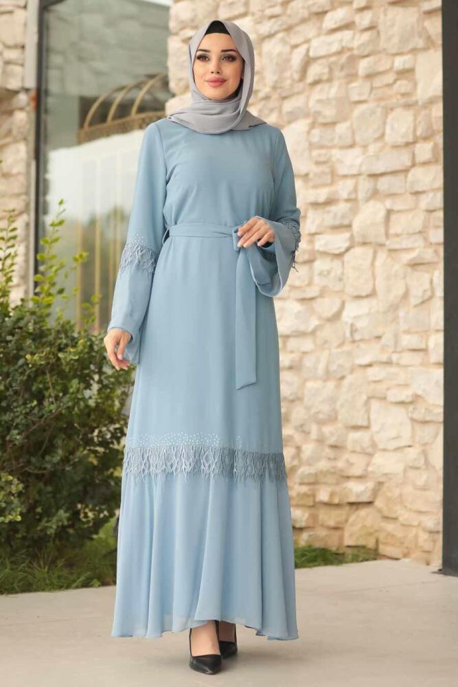 Bleu - Tesettürlü Abiye Elbise - Robe de Soirée Hijab - 39250M - 1