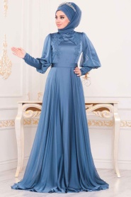Bleu - Tesettürlü Abiye Elbise - Robe de Soirée Hijab - 3927M - Thumbnail