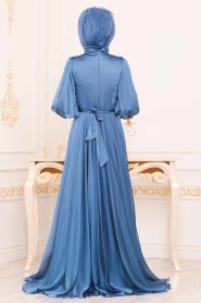 Bleu - Tesettürlü Abiye Elbise - Robe de Soirée Hijab - 3927M - Thumbnail