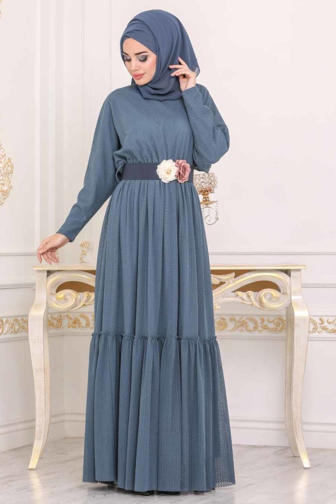 Bleu - Tesettürlü Abiye Elbise - Robe de Soirée Hijab - 3962M - 1