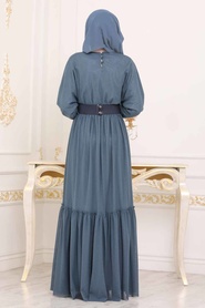 Bleu - Tesettürlü Abiye Elbise - Robe de Soirée Hijab - 3962M - Thumbnail