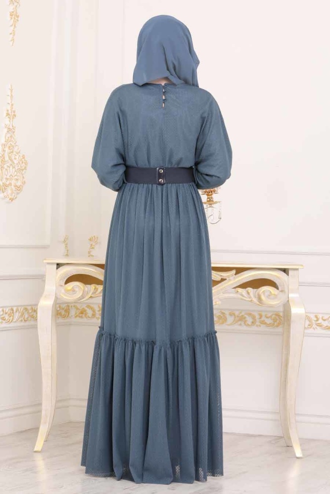 Bleu - Tesettürlü Abiye Elbise - Robe de Soirée Hijab - 3962M - 2