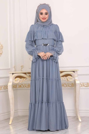 Bleu - Tesettürlü Abiye Elbise - Robe de Soirée Hijab - 3975M - 1