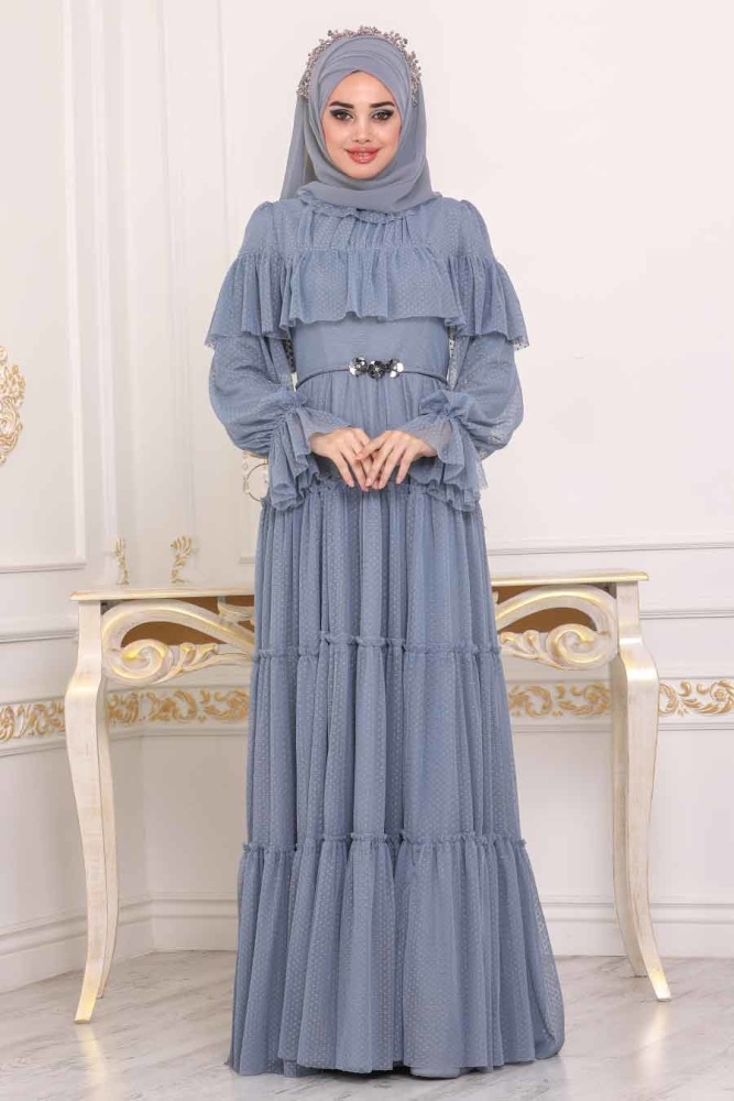 Bleu - Tesettürlü Abiye Elbise - Robe de Soirée Hijab - 3975M - 1