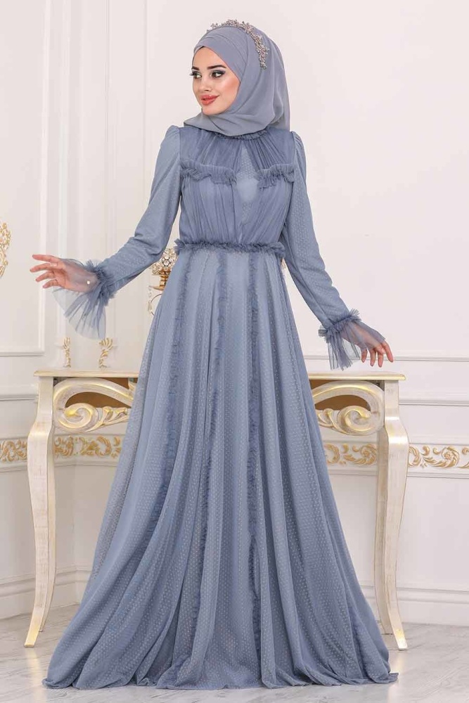 Bleu - Tesettürlü Abiye Elbise - Robe de Soirée Hijab - 39850M - 1