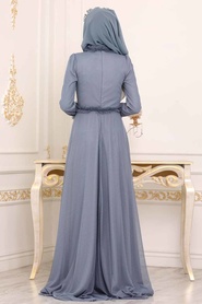 Bleu - Tesettürlü Abiye Elbise - Robe de Soirée Hijab - 39850M - Thumbnail