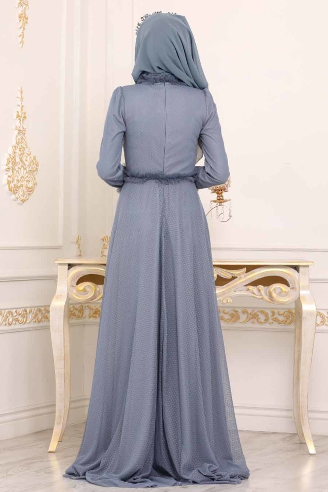 Bleu - Tesettürlü Abiye Elbise - Robe de Soirée Hijab - 39850M - 2