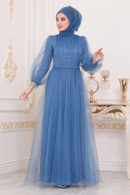 Bleu - Tesettürlü Abiye Elbise - Robe de Soirée Hijab - 40020M - Thumbnail