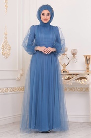 Bleu - Tesettürlü Abiye Elbise - Robe de Soirée Hijab - 40020M - Thumbnail