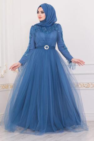 Bleu - Tesettürlü Abiye Elbise - Robe de Soirée Hijab - 40242M - 1