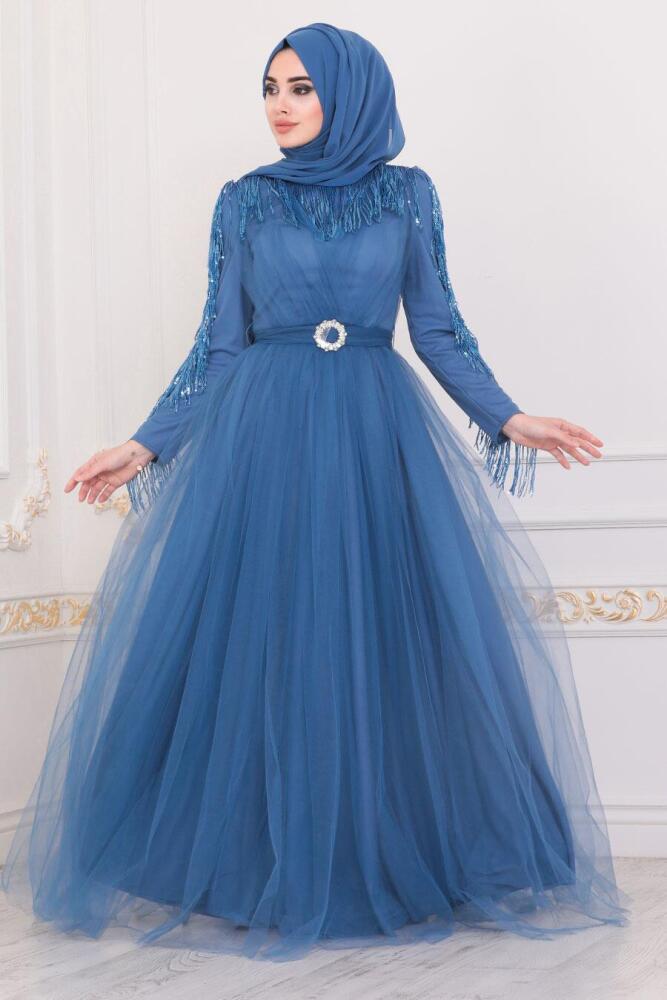Bleu - Tesettürlü Abiye Elbise - Robe de Soirée Hijab - 40242M - 1