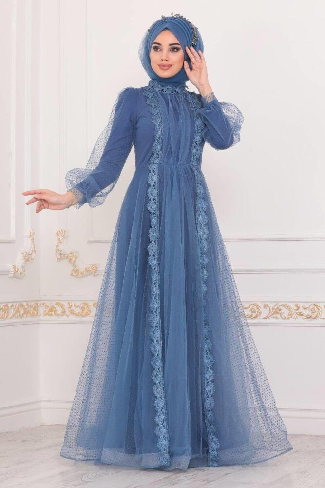 Bleu - Tesettürlü Abiye Elbise - Robe de Soirée Hijab - 40371M - 1