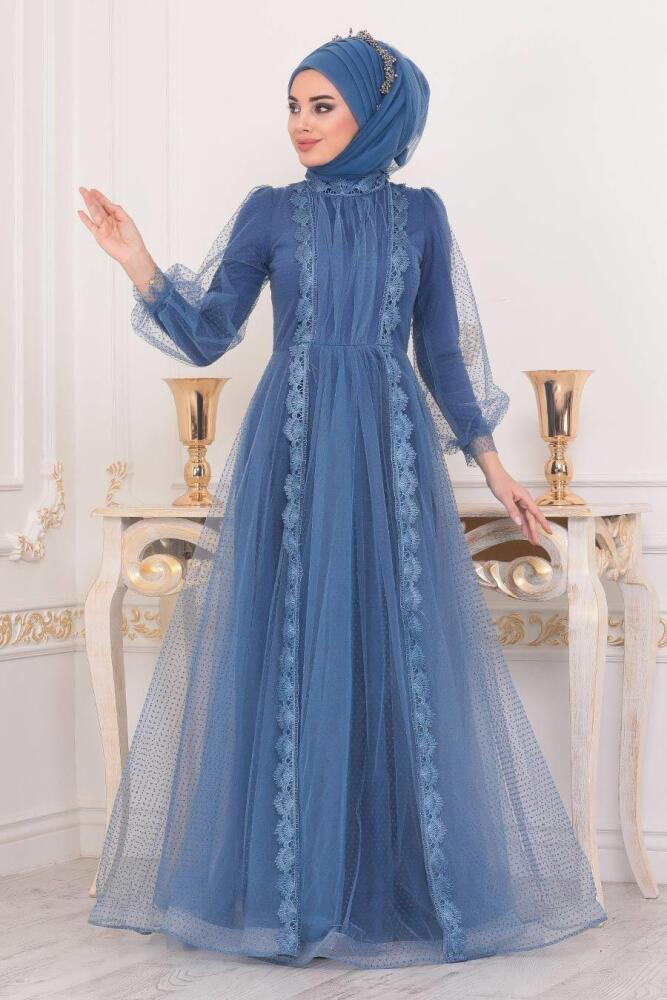 Bleu - Tesettürlü Abiye Elbise - Robe de Soirée Hijab - 40371M - 2