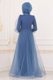 Bleu - Tesettürlü Abiye Elbise - Robe de Soirée Hijab - 40371M - Thumbnail