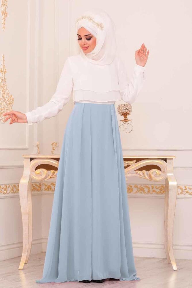 Bleu - Tesettürlü Abiye Elbise -Robe de Soirée Hijab - 86590M - 1