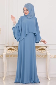 Bleu - Tesettürlü Abiye Elbise - Robes de Soirée 3627M - Thumbnail
