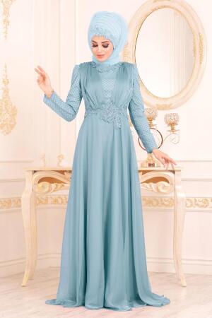 Bleu - Tesettürlü Abiye Elbise - Robes de Soirée Hijab 37390M - 1