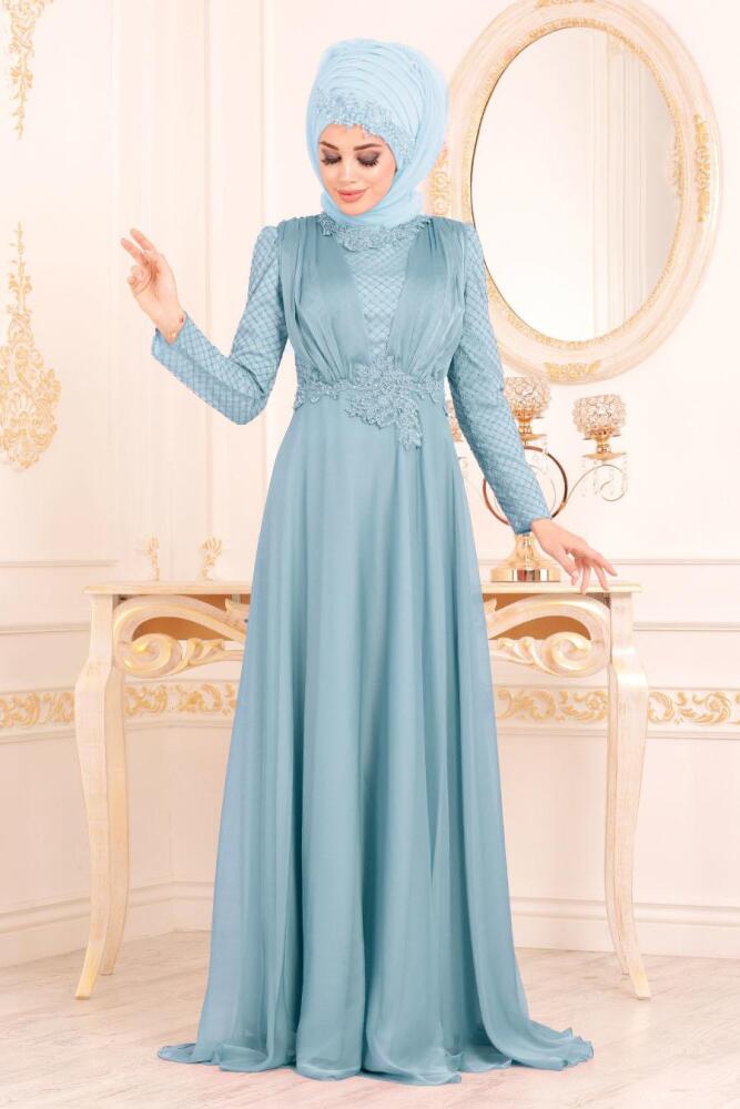 Bleu - Tesettürlü Abiye Elbise - Robes de Soirée Hijab 37390M - 1