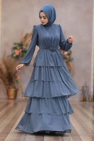 Bleu- Tesettürlü Abiye Elbise - Robes de Soirée Hijab - 40620M - Thumbnail